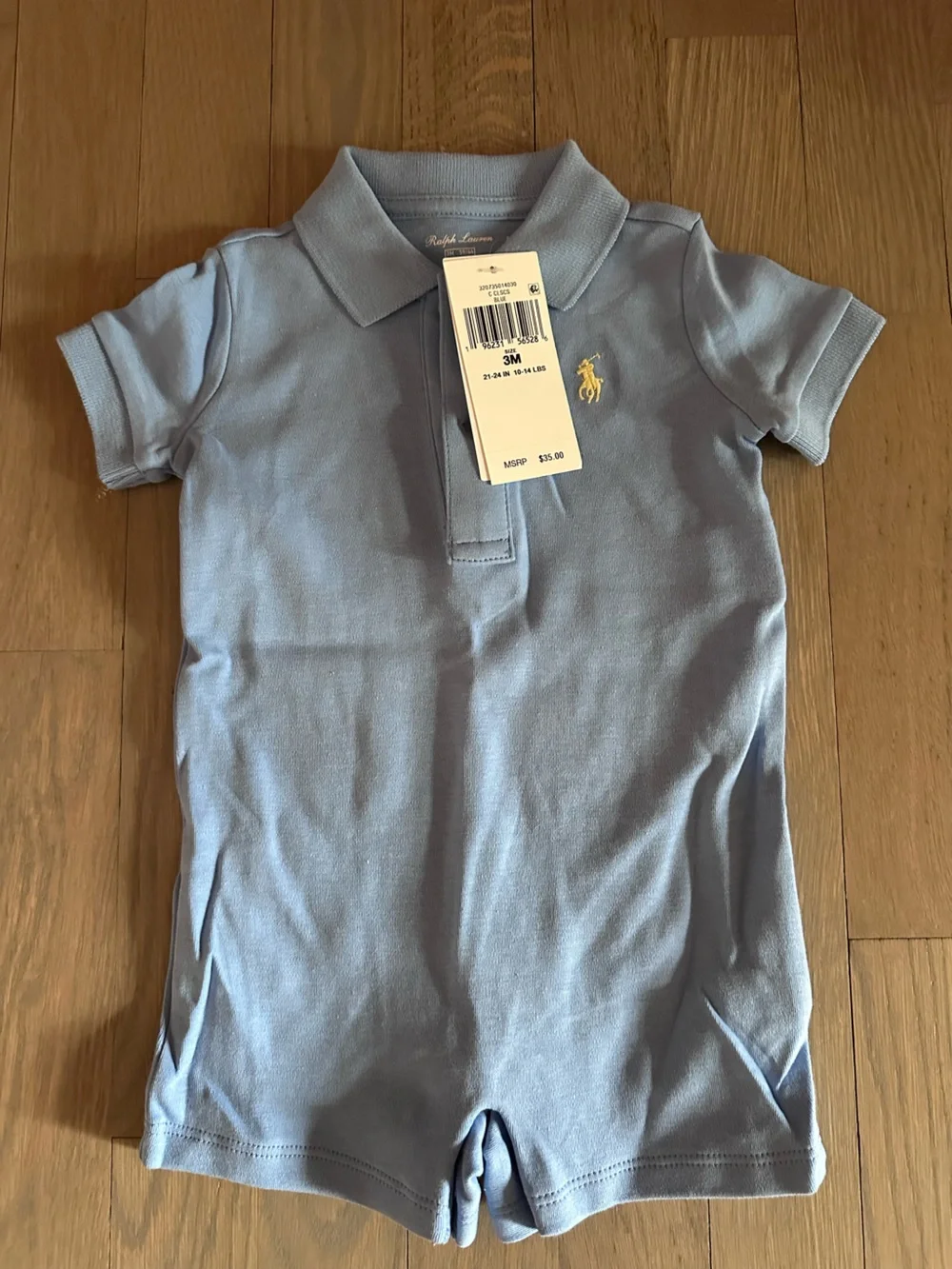 Ralph Lauren Blue Polo Playsuit with Yellow Pony Embroidery